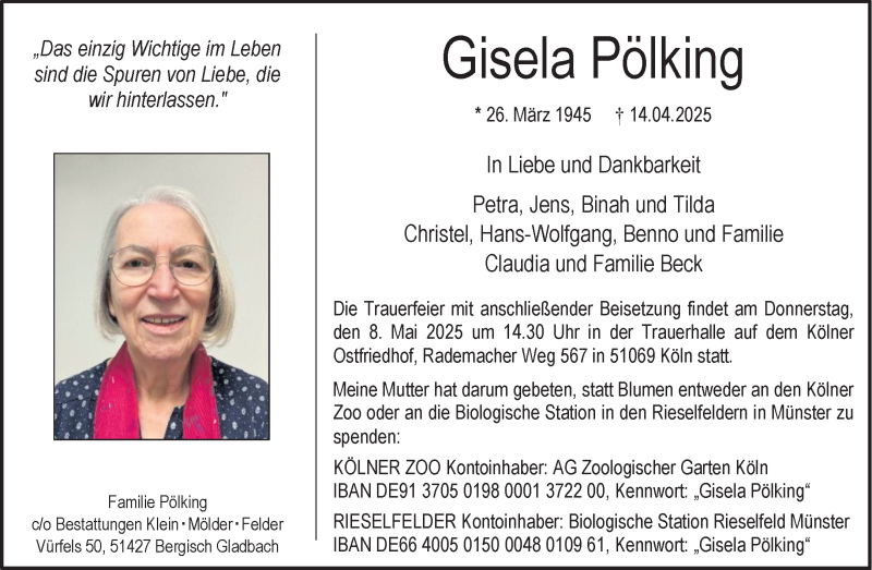  Traueranzeige für Gisela Pölking vom 26.04.2025 aus 