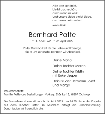 Anzeige von Bernhard Patte 
