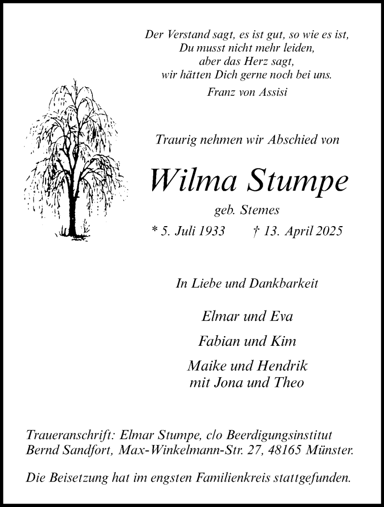  Traueranzeige für Wilma Stumpe vom 26.04.2025 aus 