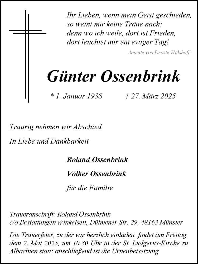  Traueranzeige für Günter Ossenbrink vom 19.04.2025 aus 