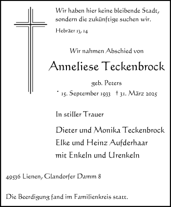 Anzeige von Anneliese Teckenbrock 