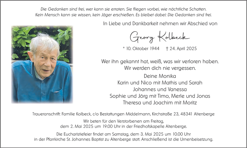  Traueranzeige für Georg Kolbeck vom 30.04.2025 aus 