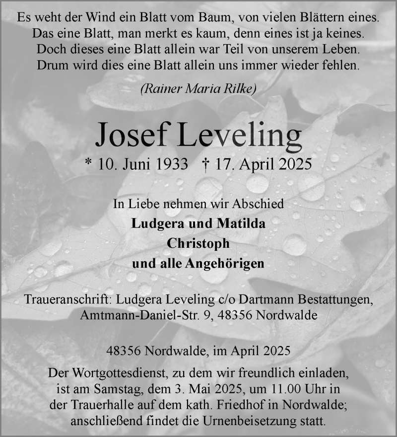 Traueranzeige für Josef Leveling vom 26.04.2025 aus 