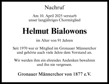 Anzeige von Helmut Bialowons 