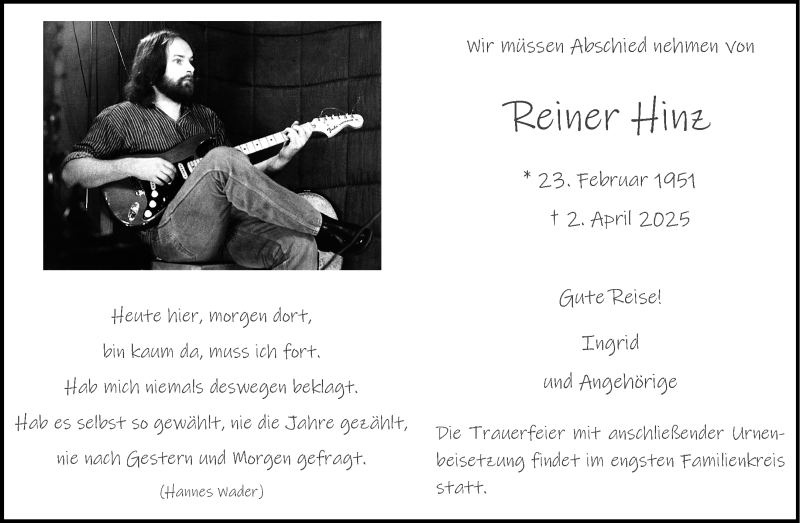  Traueranzeige für Reiner Hinz vom 05.04.2025 aus 