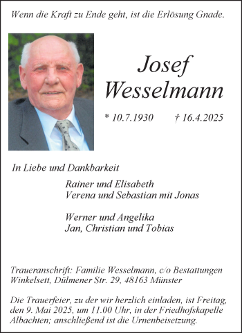 Anzeige von Josef Wesselmann 