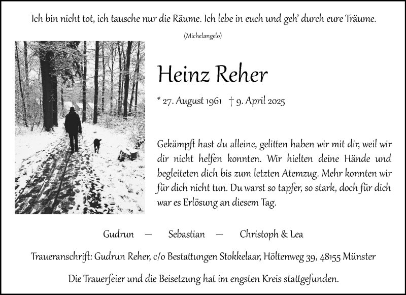  Traueranzeige für Heinz Reher vom 19.04.2025 aus 