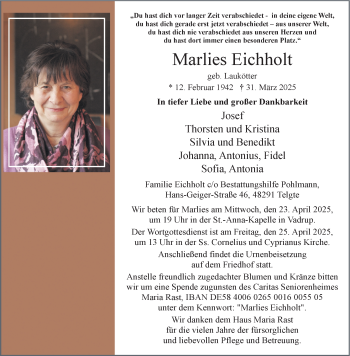 Anzeige von Marlies Eichholt 