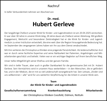 Anzeige von Dr. med. Hubert Gerleve 
