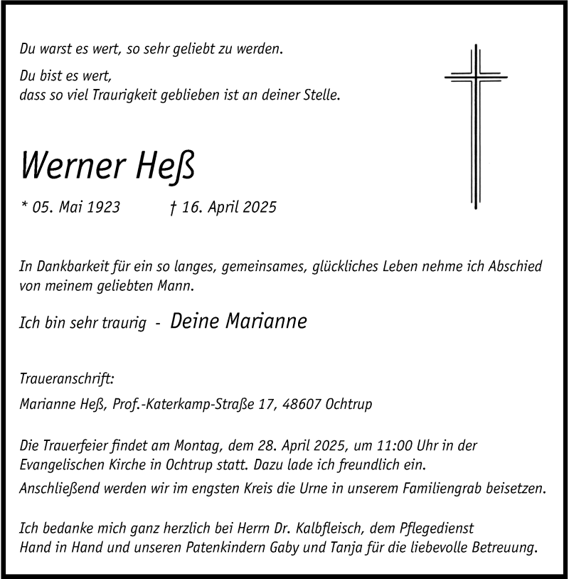  Traueranzeige für Werner Heß vom 23.04.2025 aus 