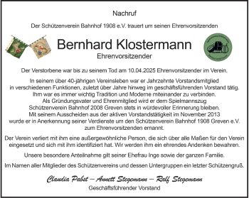 Anzeige von Bernhard Klostermann 