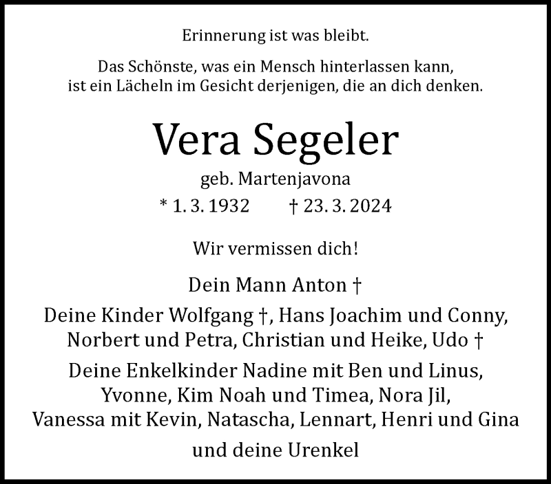  Traueranzeige für Vera Segeler vom 05.04.2025 aus 