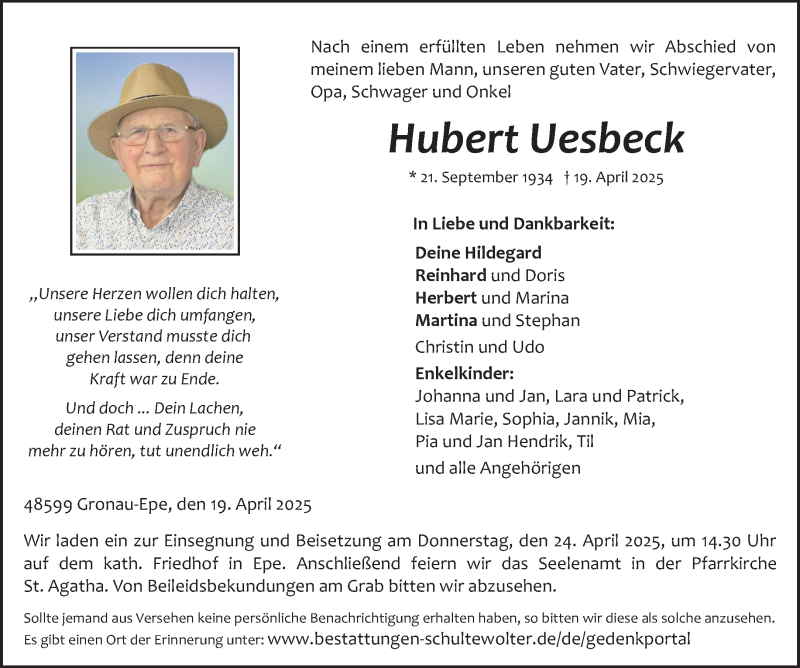  Traueranzeige für Hubert Uesbeck vom 23.04.2025 aus 