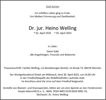 Anzeige von Dr. jur. Heino Welling 