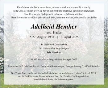 Anzeige von Adelheid Hemker 