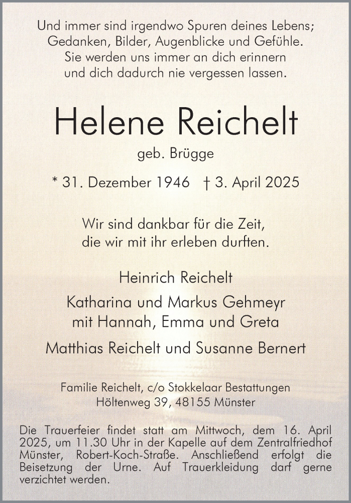  Traueranzeige für Helene Reichelt vom 12.04.2025 aus 