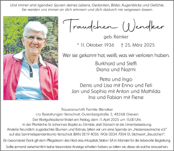 Anzeige von Traudchen Wendker 