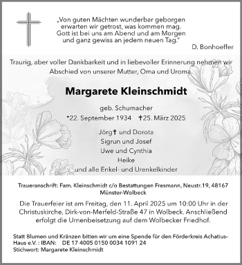Anzeige von Margarete Kleinschmidt 