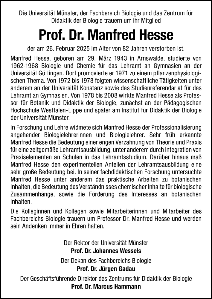  Traueranzeige für Prof. Dr. Manfred Hesse vom 12.04.2025 aus 