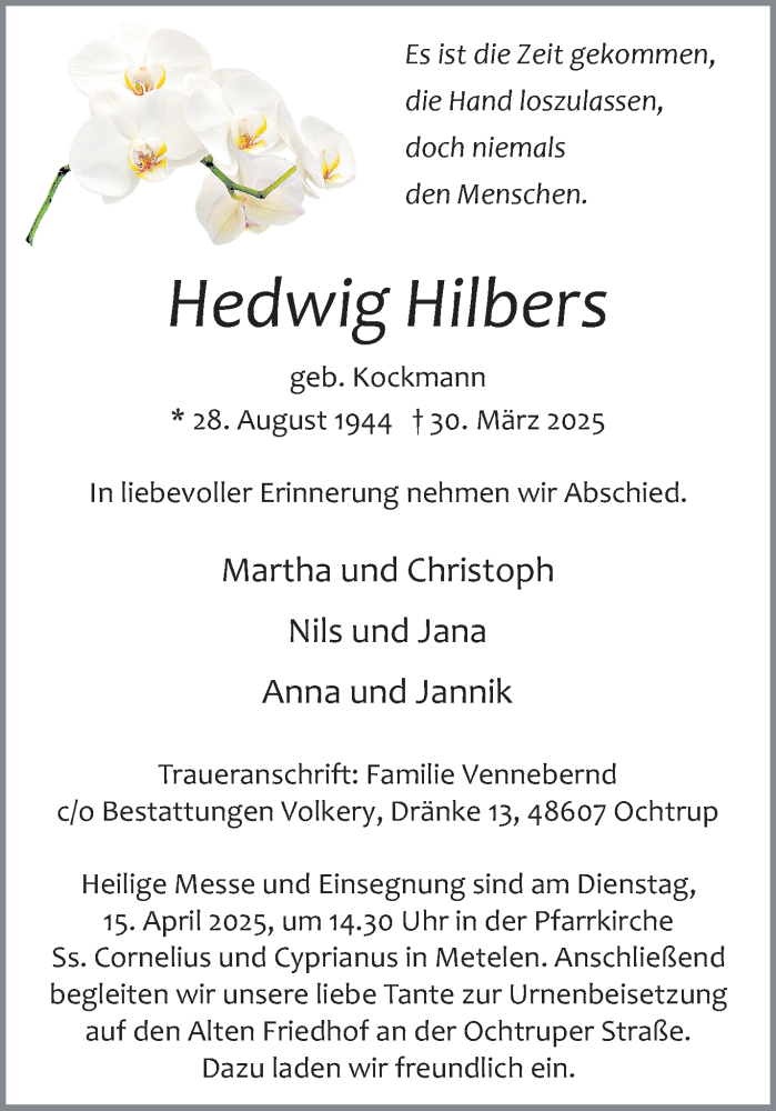  Traueranzeige für Hedwig Hilbers vom 02.04.2025 aus 