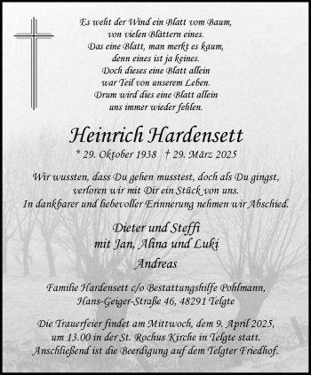 Anzeige von Heinrich Hardensett 