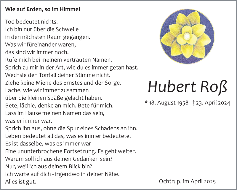  Traueranzeige für Hubert Ro vom 23.04.2025 aus 
