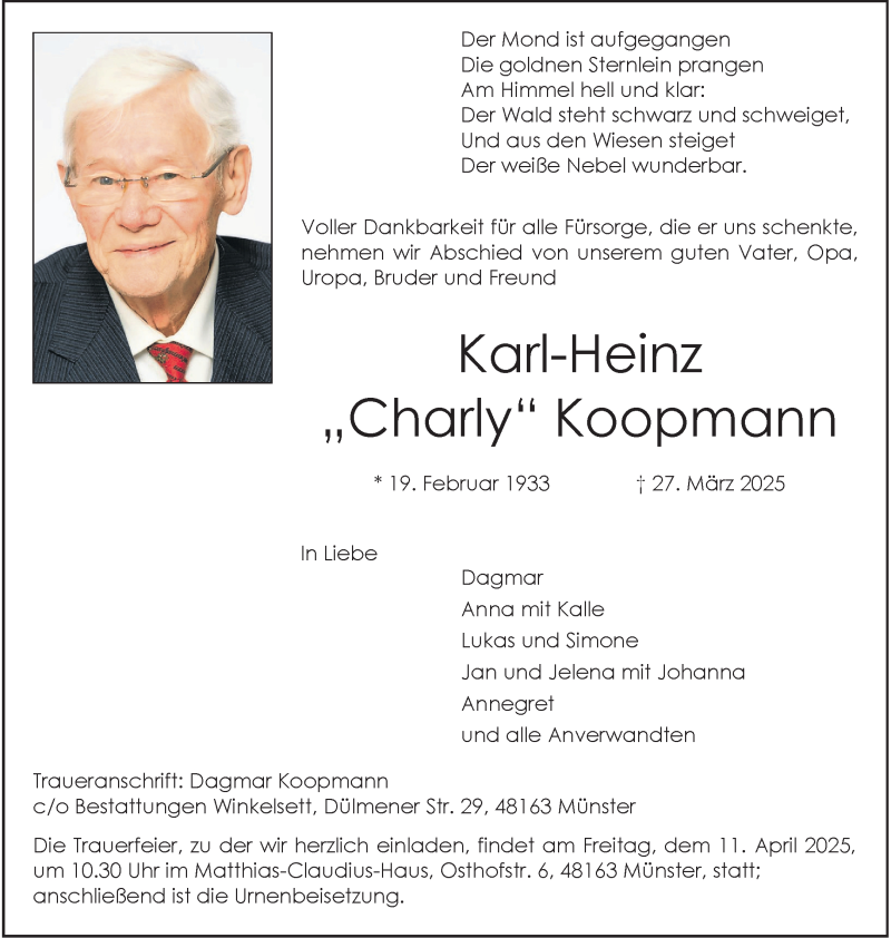  Traueranzeige für Karl-Heinz Koopmann vom 05.04.2025 aus 