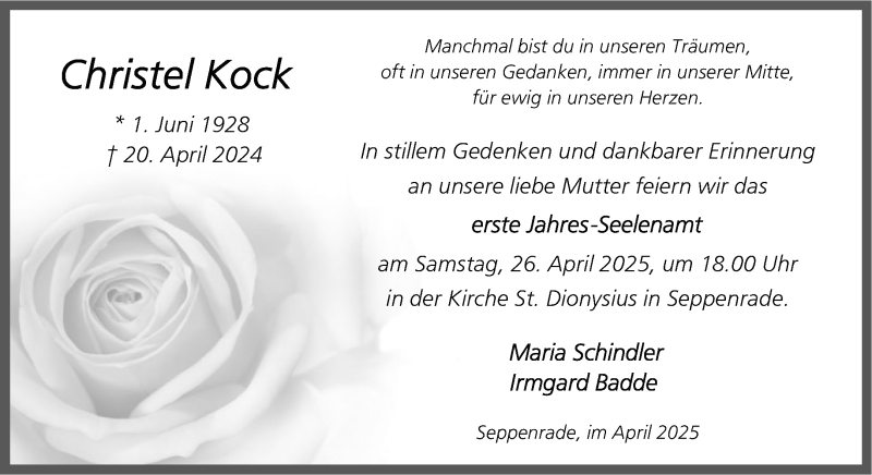  Traueranzeige für Christel Kock vom 19.04.2025 aus 
