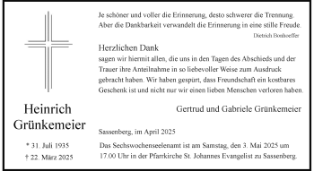 Anzeige von Heinrich Grünkemeier 