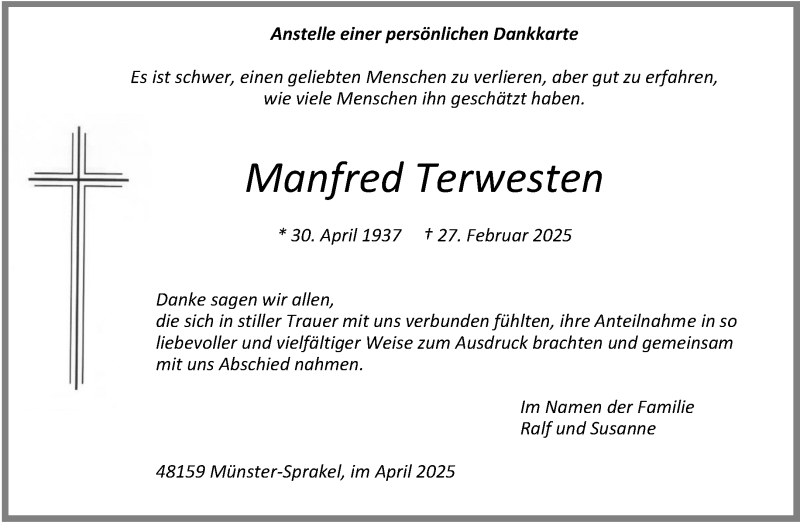  Traueranzeige für Manfred Terwesten vom 26.04.2025 aus 