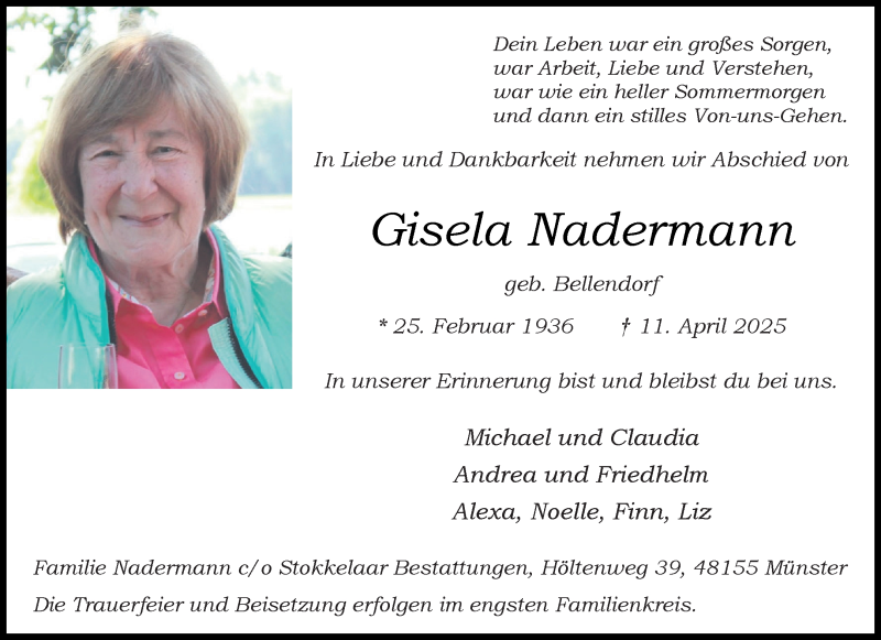  Traueranzeige für Gisela Nadermann vom 19.04.2025 aus 