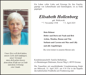 Anzeige von Elisabeth Hollenborg 