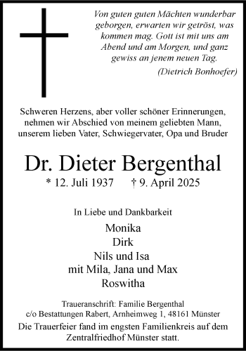 Anzeige von Dr. Dieter Bergenthal 