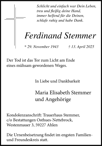 Anzeige von Ferdinand Stemmer 