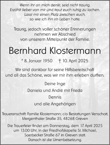 Anzeige von Bernhard Klostermann 