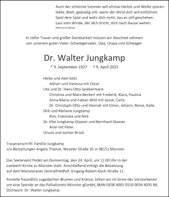Anzeige von Dr. Walter Jungkamp 