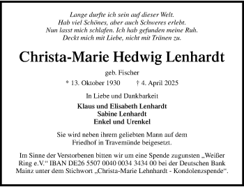 Anzeige von Christa-Marie Hedwig Lenhardt 