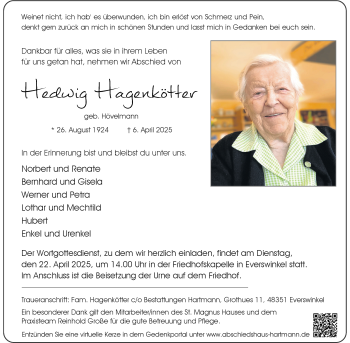Anzeige von Hedwig Hagenkötter 