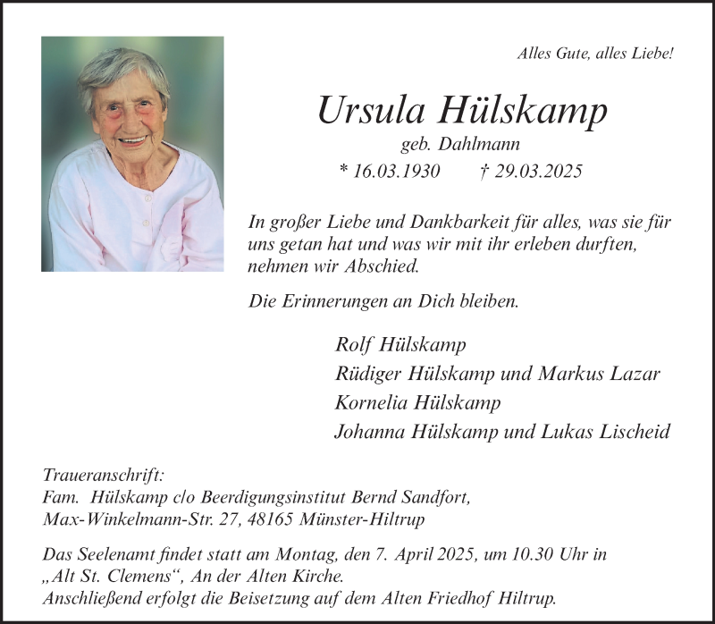  Traueranzeige für Ursula Hülskamp vom 02.04.2025 aus 