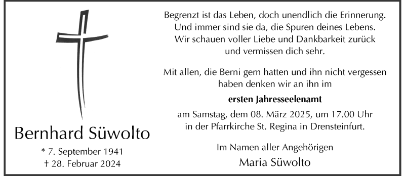  Traueranzeige für Bernhard Süwolto vom 08.03.2025 aus 