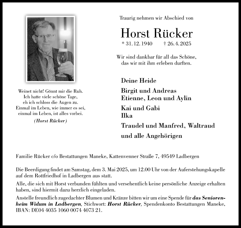  Traueranzeige für Horst Rücker vom 30.04.2025 aus 