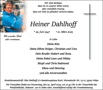 Anzeige von Heiner Dahlhoff 