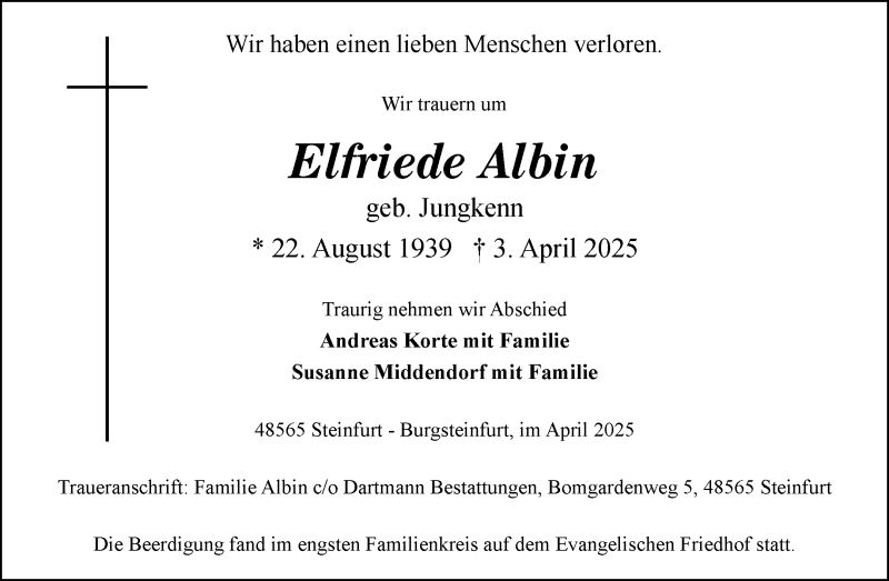  Traueranzeige für Elfriede Albin vom 12.04.2025 aus 
