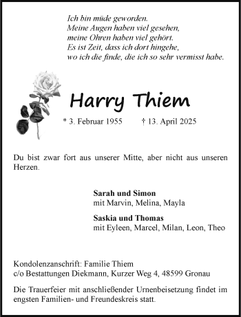 Anzeige von Harry Thiem 