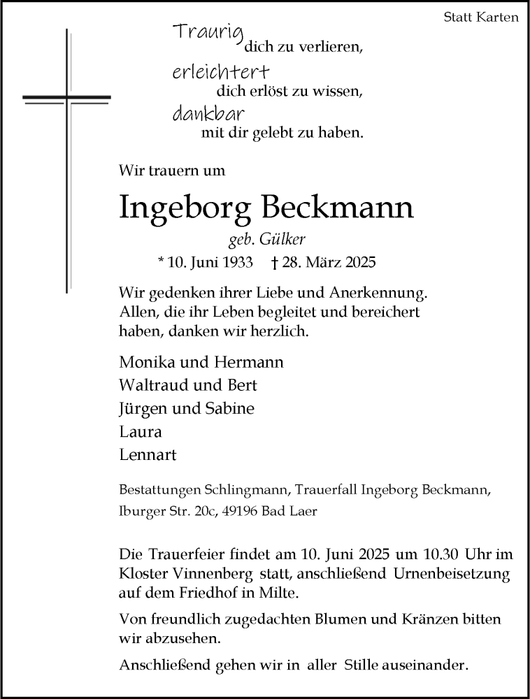  Traueranzeige für Ingeborg Beckmann vom 19.04.2025 aus 