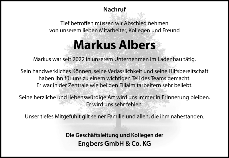  Traueranzeige für Markus Albers vom 11.04.2025 aus 