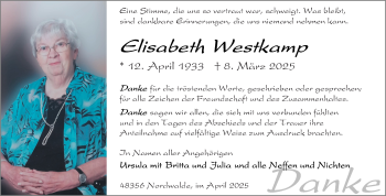 Anzeige von Elisabeth Westkamp 