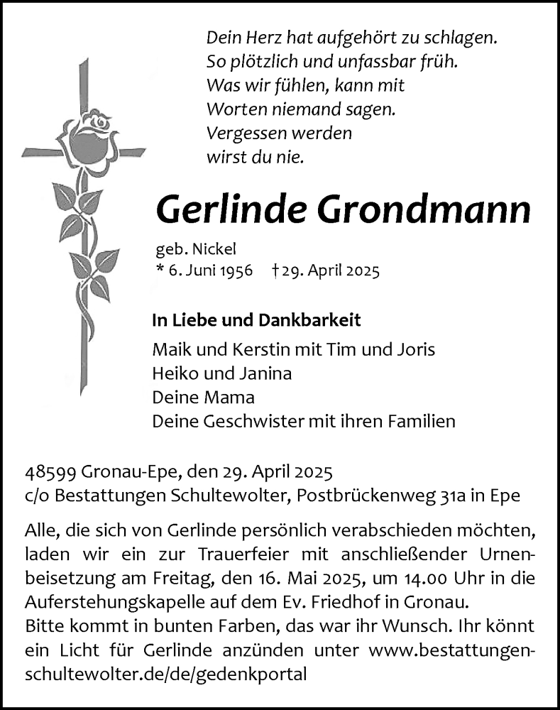 Traueranzeige für Gerlinde Grondmann vom 12.05.2025 aus 