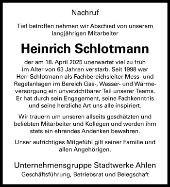 Anzeige von Heinrich Schlotmann 