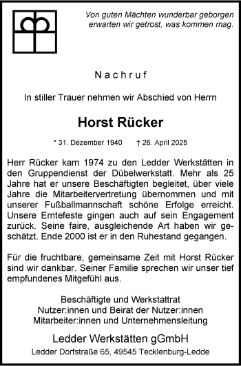 Anzeige von Horst Rücker 